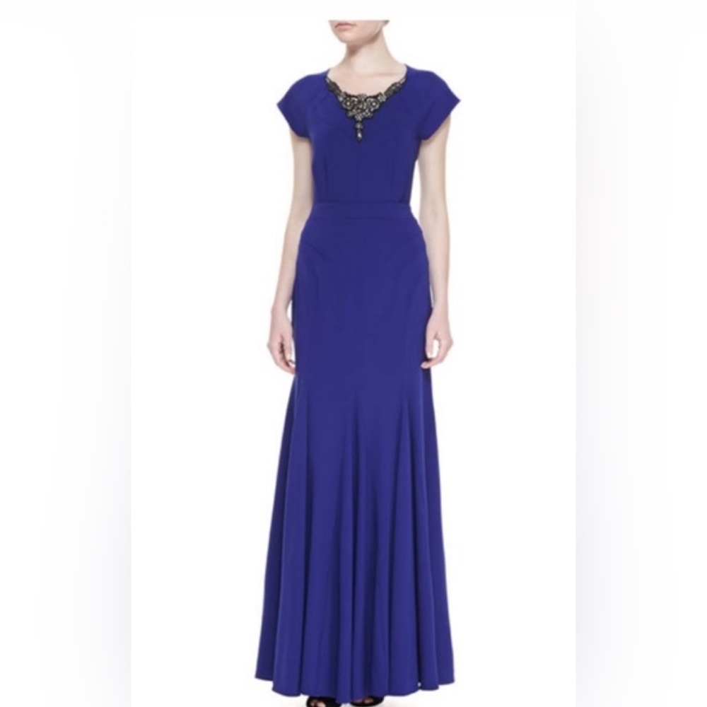 Zac Posen Royal Blue Maxi Long Gown Dress Embellished Neckline